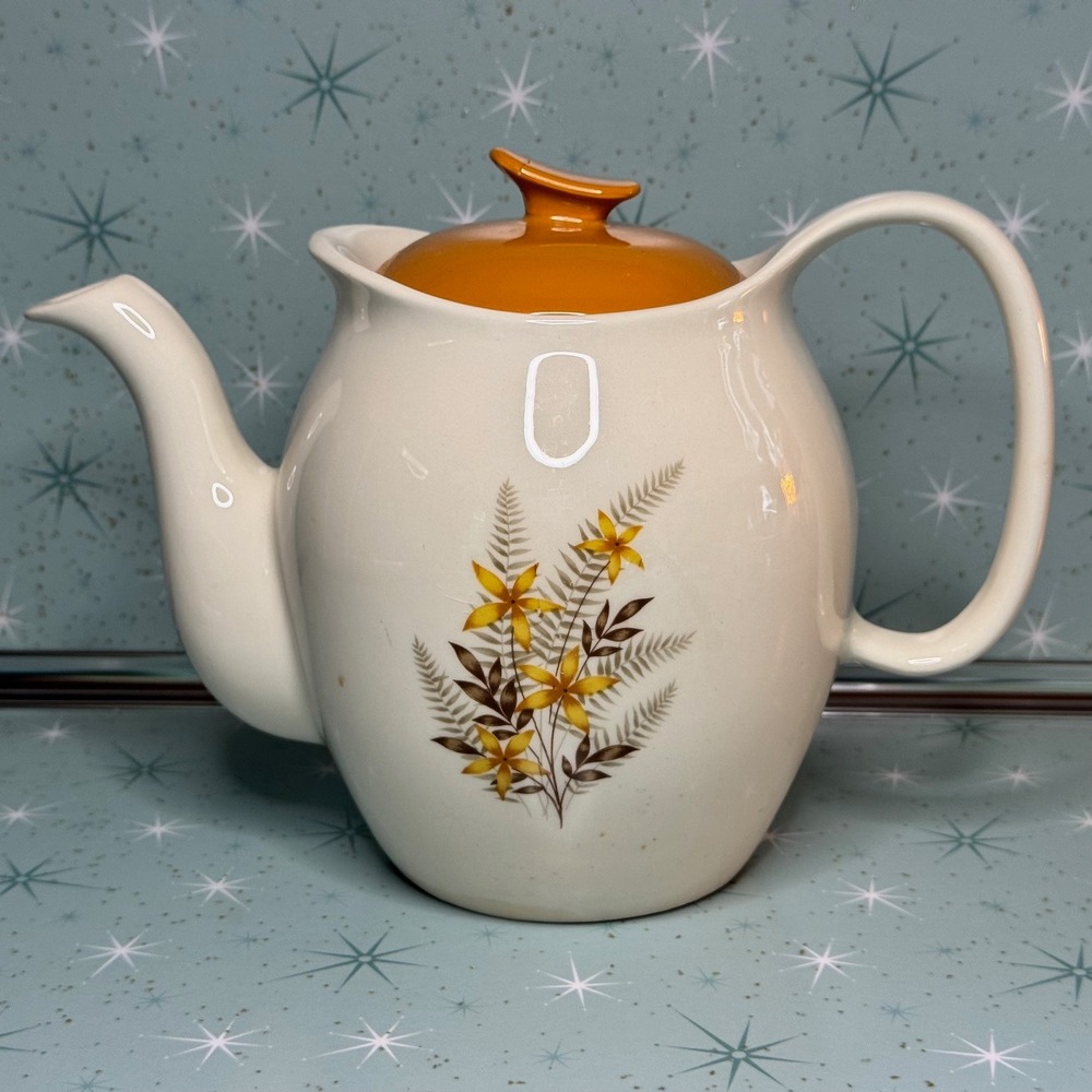 Vintage Salem China Teapot Cream with Yellow Floral Design and Orange Lid